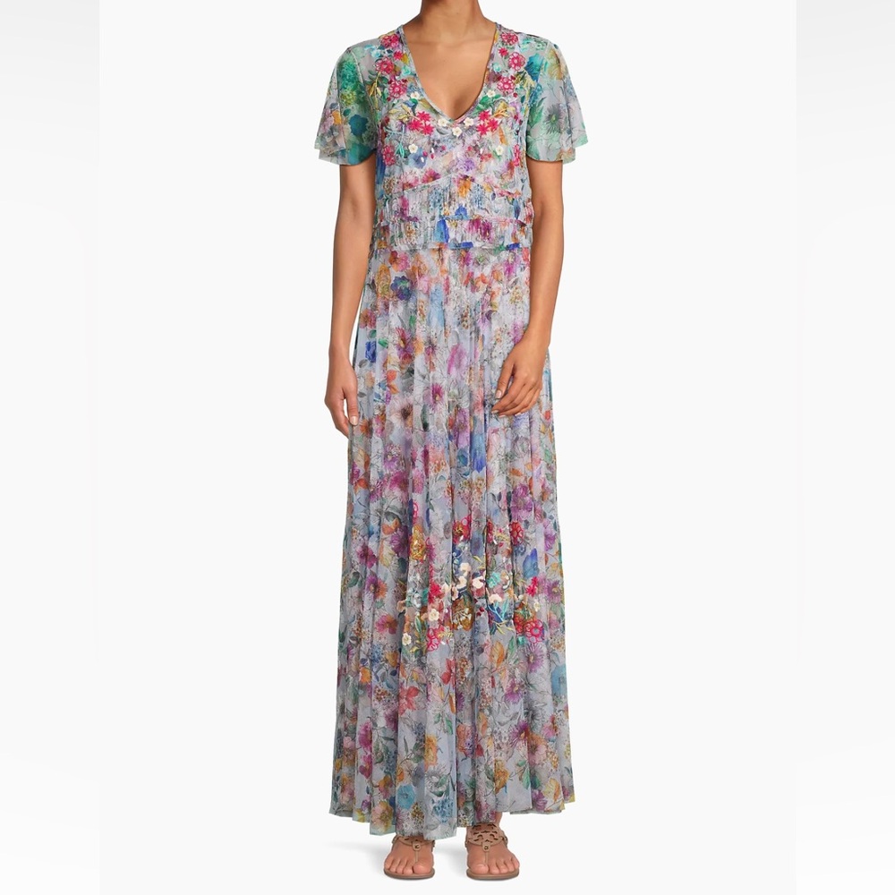 NWT Johnny Was Biya Mazzy Ruched Floral Mesh Maxi Dress size M